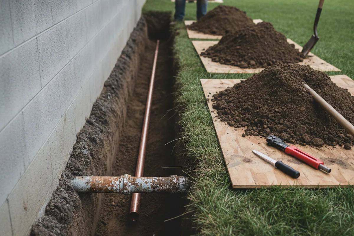 Excavated water line trench during Sewer Line Repair in Eastpointe